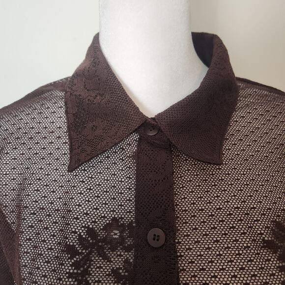 Vtg Y2K NY & Co Shirt Sz Large Womens Tunic Top Sheer Brown Mesh Lace WhimsiGoth - Picture 3 of 11